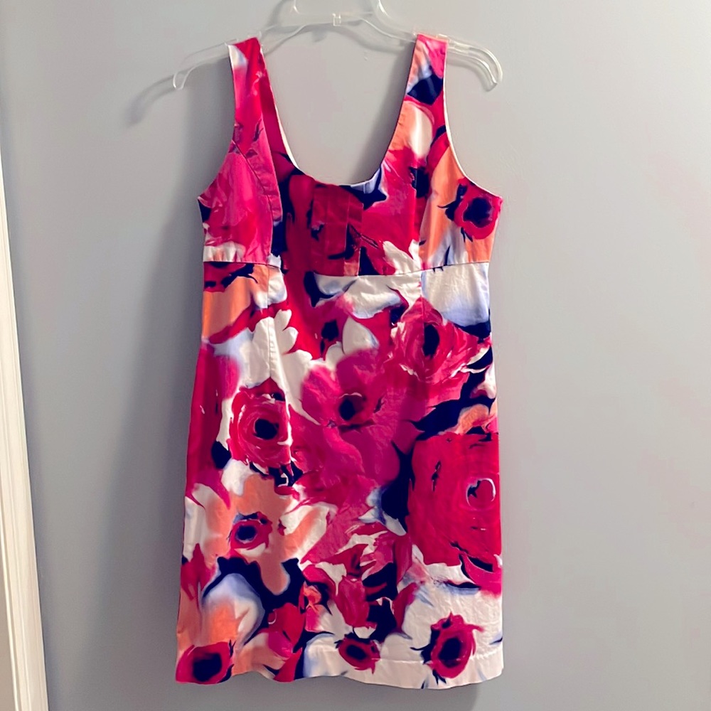 Knee-length spring/summer sheath dress — hints of navy, peach & pink floral.